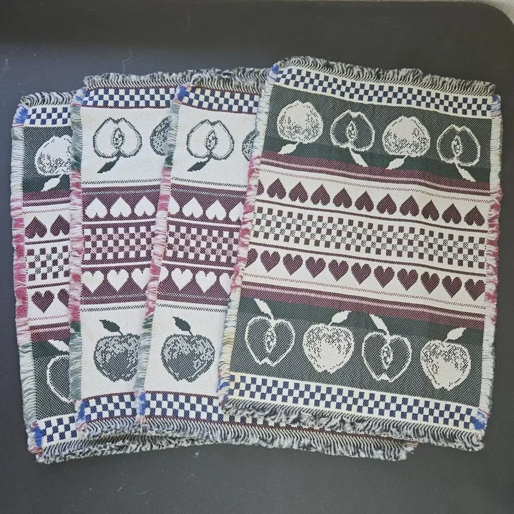 A is for Apple VTG Runner & 4 Placemats Tapestry Fringe Hearts Checkered Red Grn